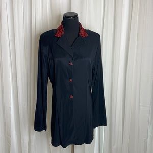 Black Button Up FASHION BUG Blouse with red Animal Print collar and buttons sz M